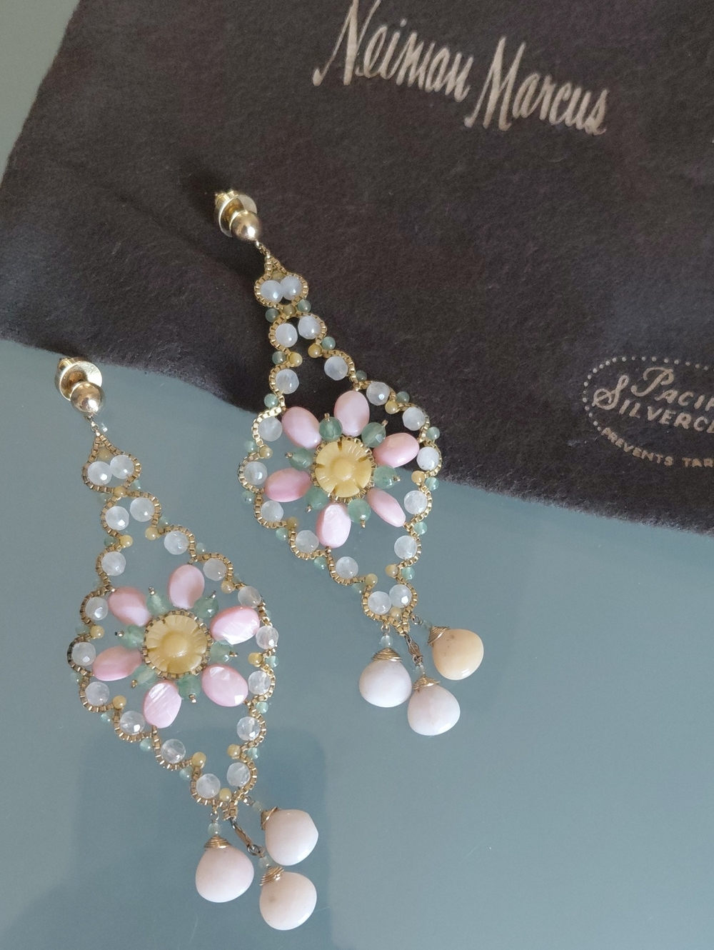 AUTHENTIC MIGUEL ASES 14K GOLD-FILLED GEMSTONE CHANDELIER EARRINGS – 4"